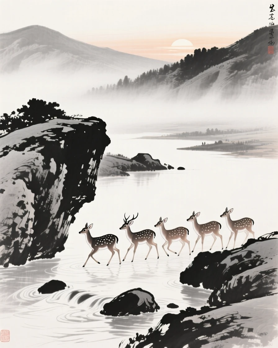 A small herd of deer crossing a shallow stream at first light on a rocky outcrop above a valley, positioned off-center, leaving space for the quiet landscape around it, capturing a fleeting, tender moment of wild life.