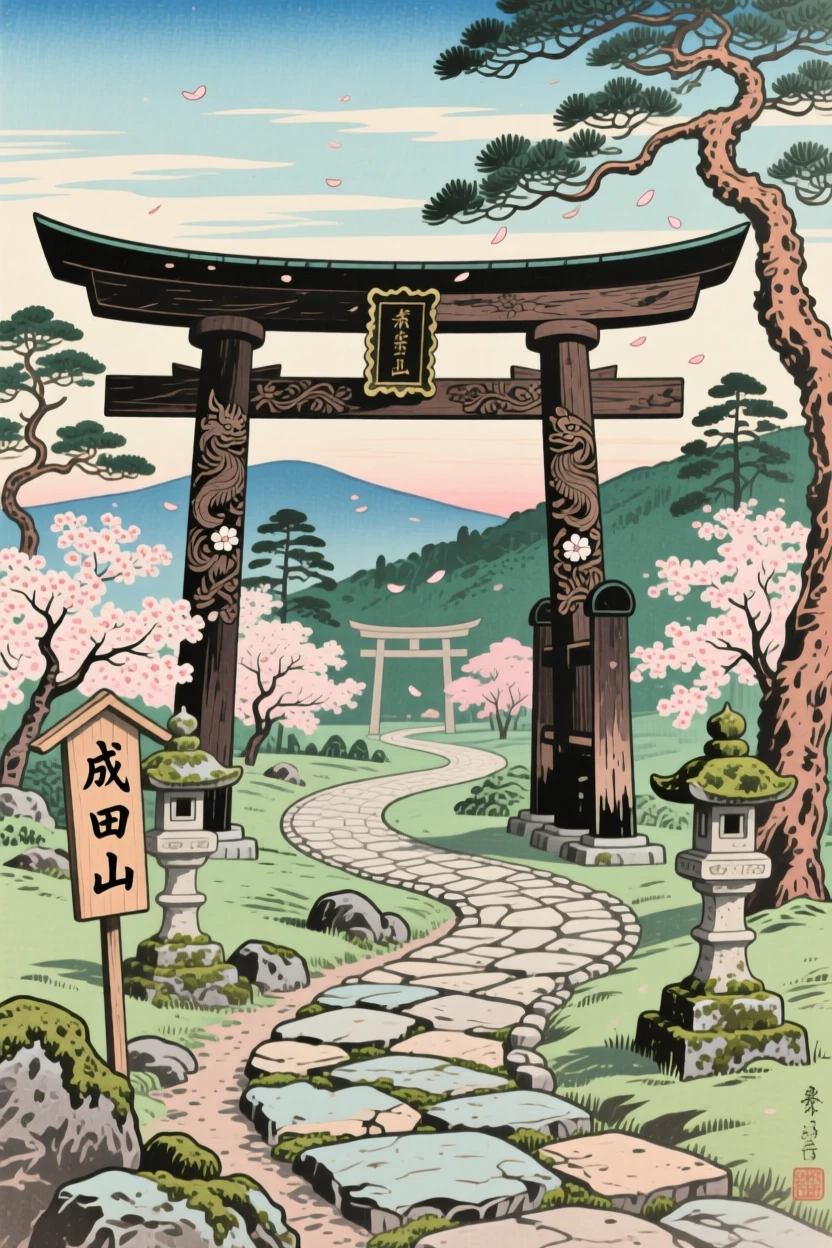 A grand temple gate connected by winding stone paths.