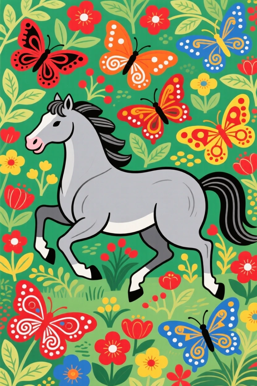 A gentle grey horse chasing butterflies in a garden.