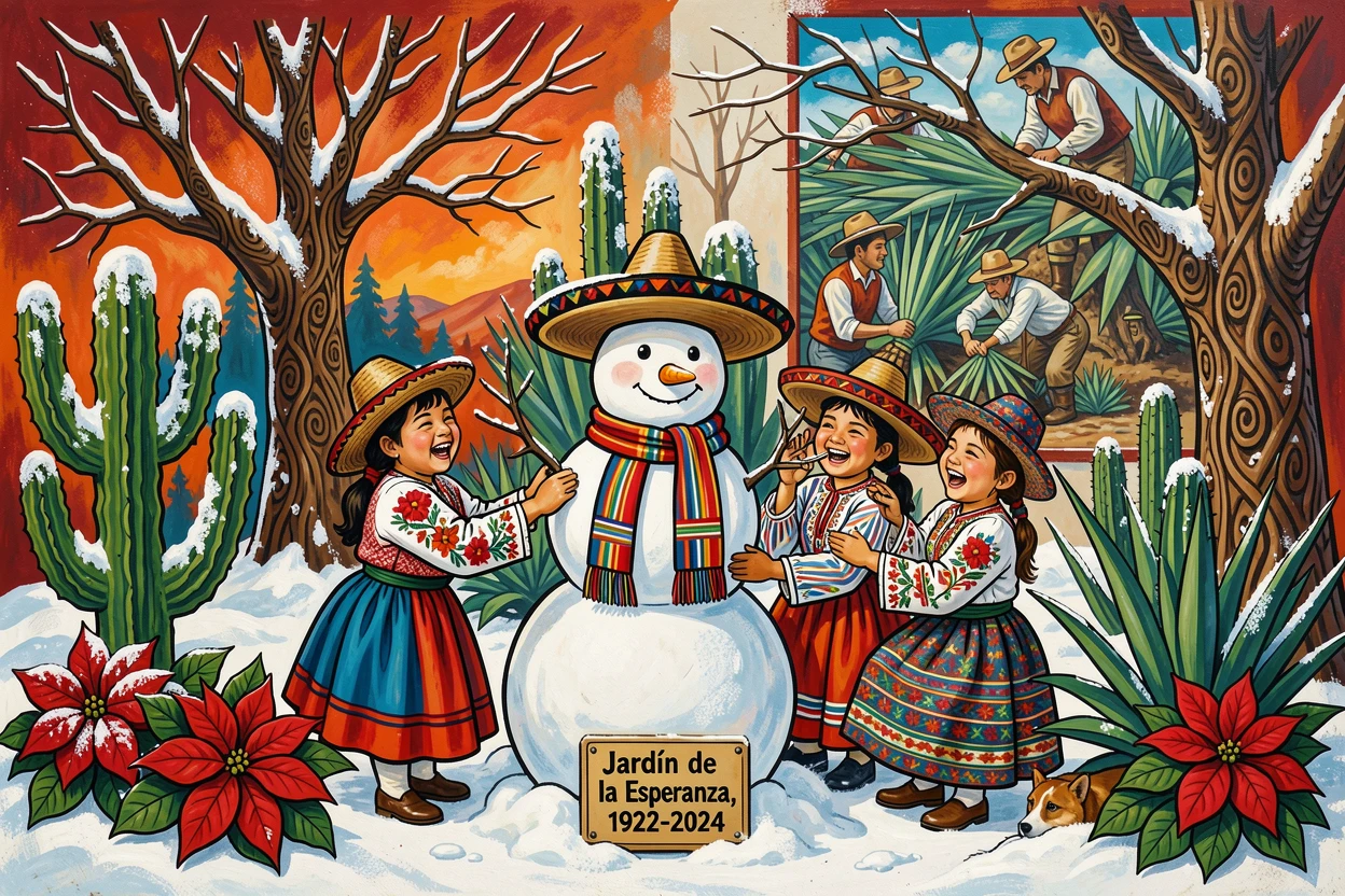 Children building a snowman in a quiet winter garden