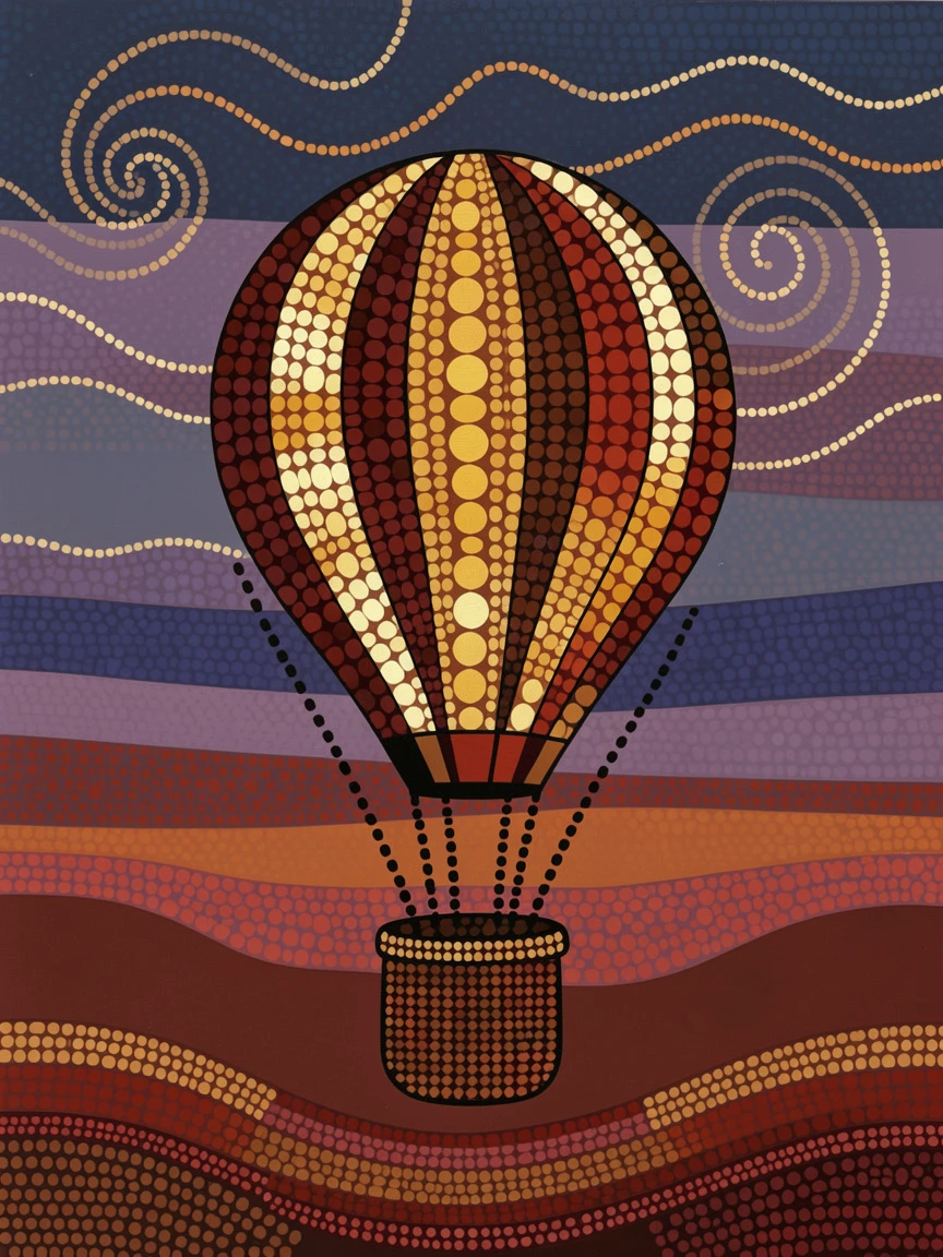 A drifting hot air balloon lit by the last light of day