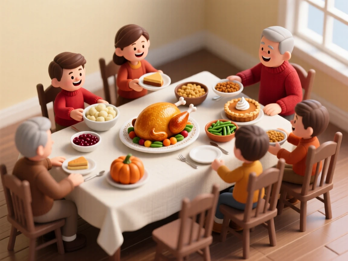 A Thanksgiving feast spread across a long table, a golden roasted turkey at the center, family members passing dishes and laughing.