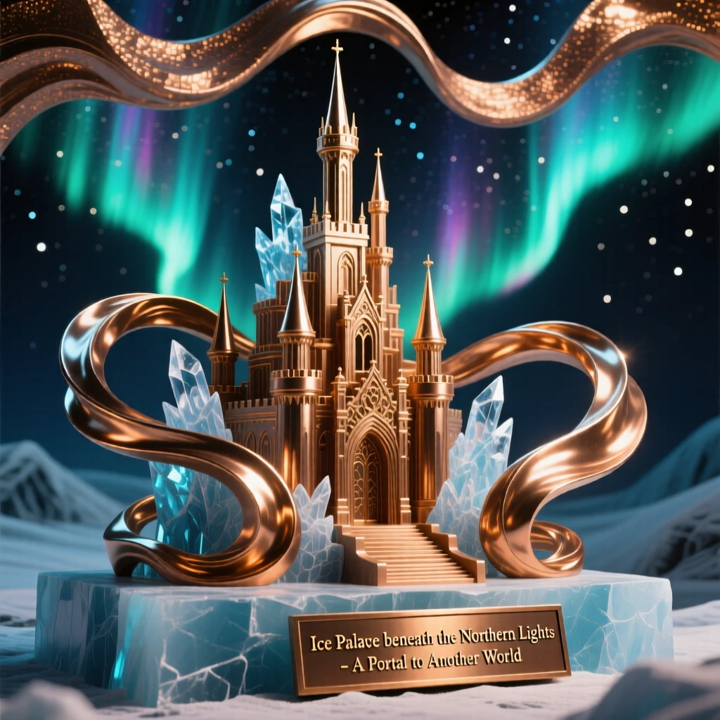 An ice palace glittering beneath the northern lights, with swirling energy and radiant color, transporting the viewer to another world