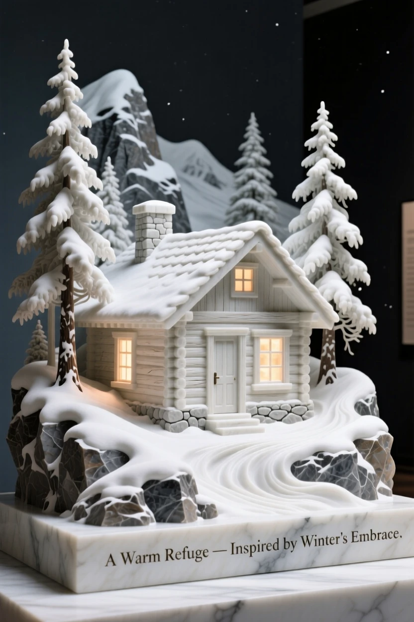 A vivid, emotionally rich scene of a snow-covered cabin glowing with warm light, framed by dramatic natural scenery, designed to captivate and inspire