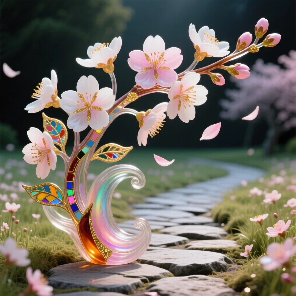 A field of blooming cherry blossoms drifting over a quiet stone path, romantic and fleeting.
