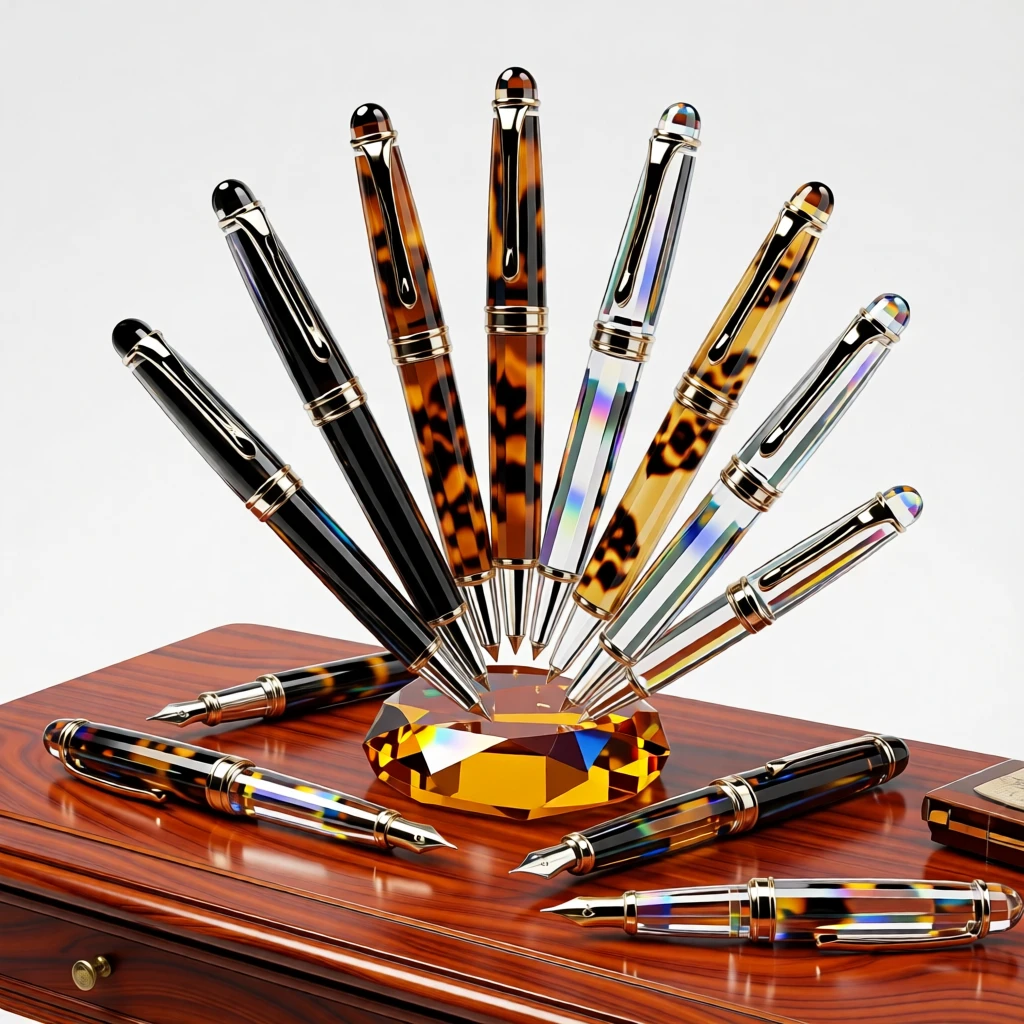 A collection of vintage fountain pens arranged elegantly on a mahogany desk.