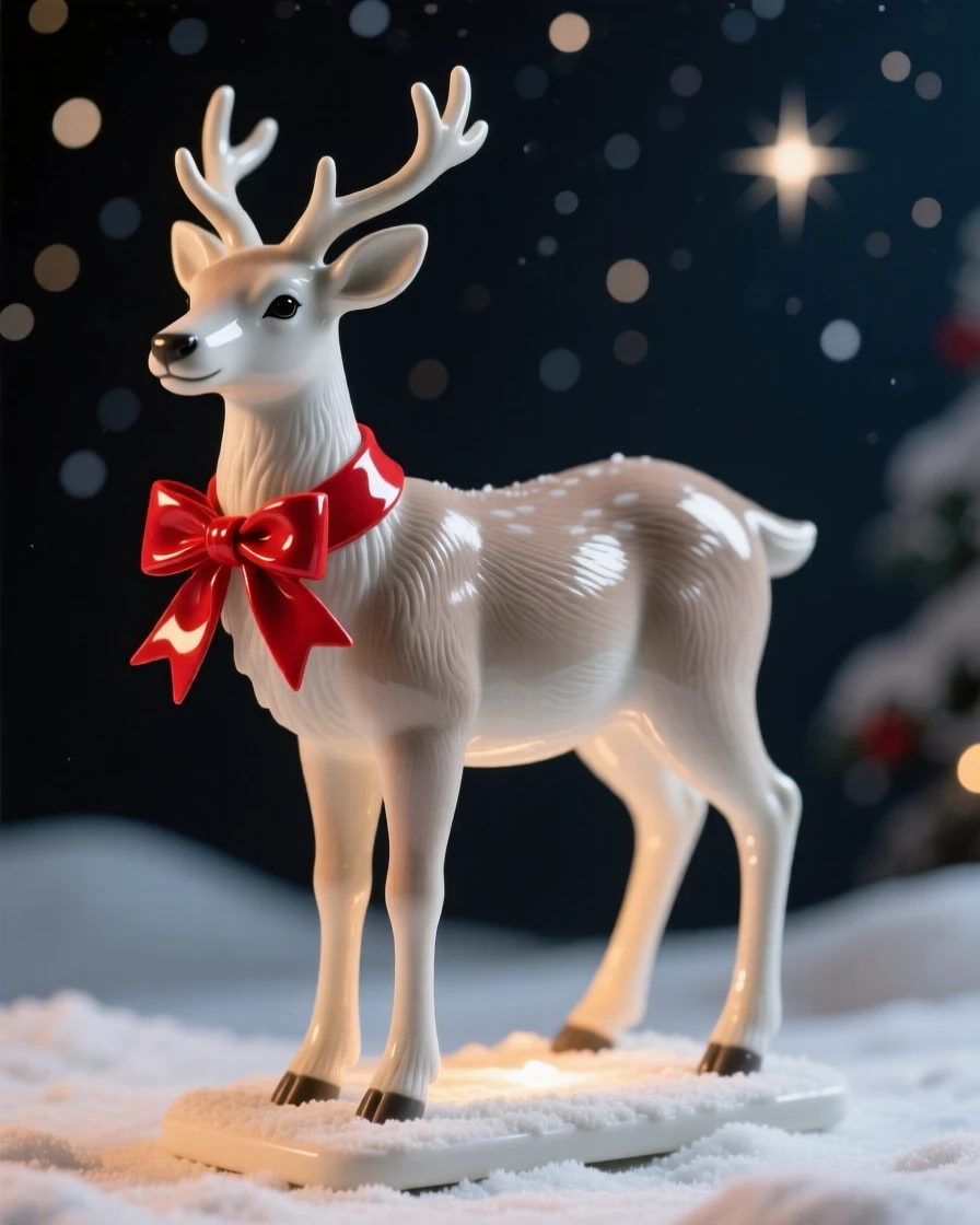 A reindeer with a bright red ribbon around its neck displayed as a heartwarming holiday accent, glowing softly under a starlit sky, conveying warmth, celebration, and delight.