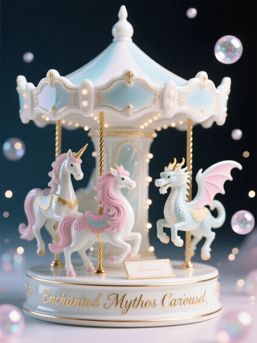 A magical carousel of glowing mythical animals, sparkling motes of light drifting through the air.