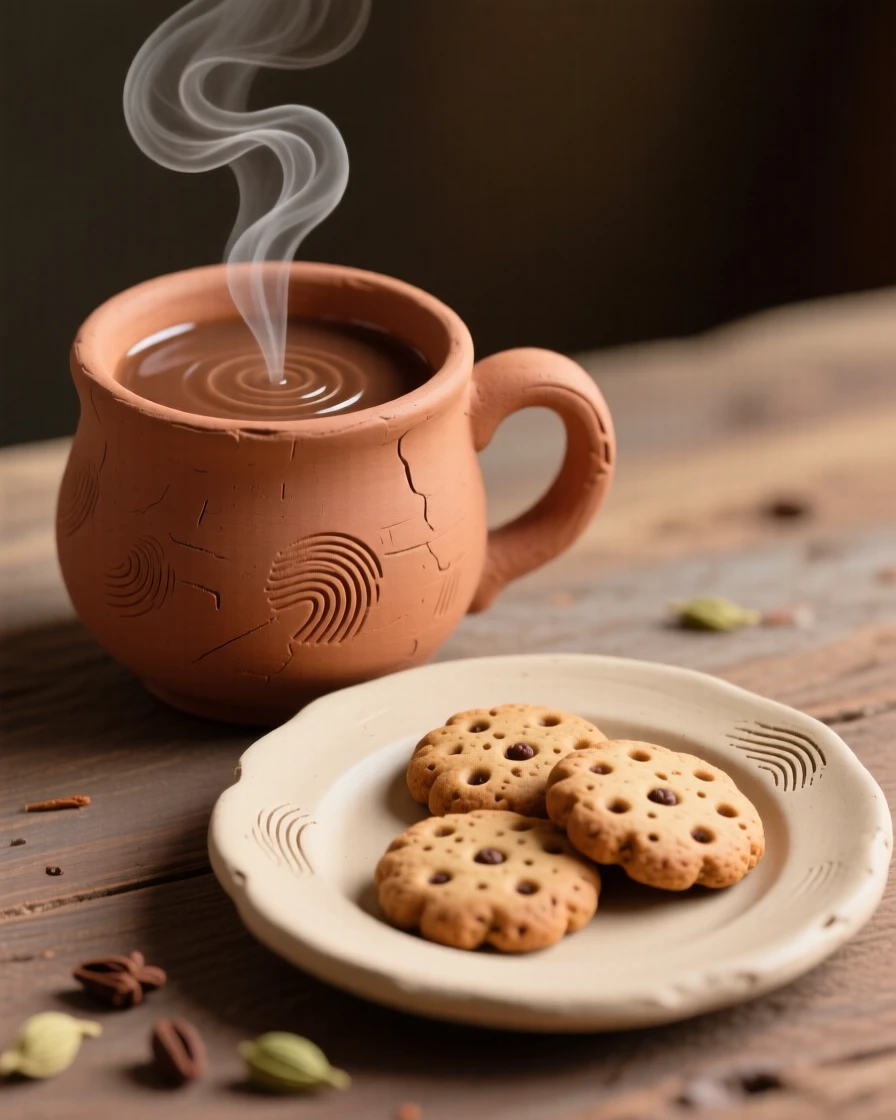A steaming cup of chai beside a plate of spiced cookies