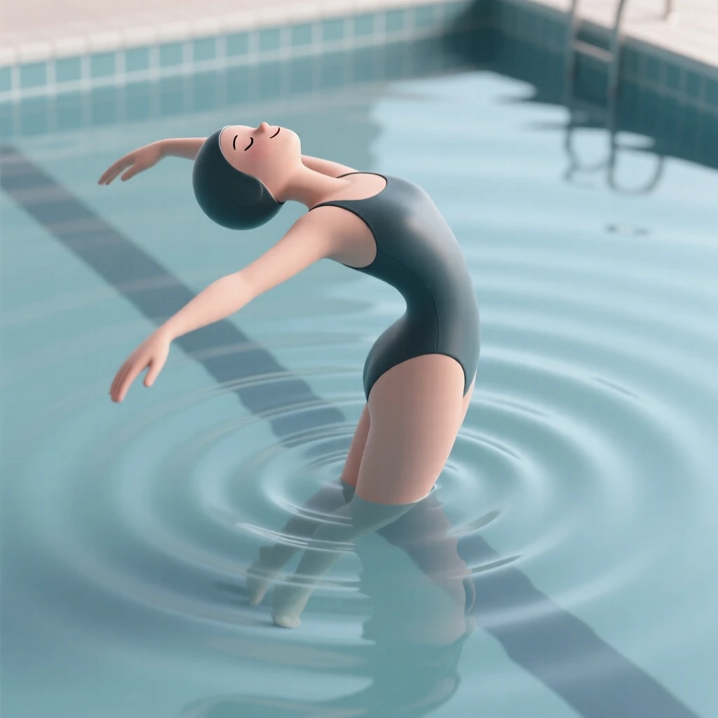 A graceful synchronized swimmer arches backward in a pool, water rippling in perfect circles around her.