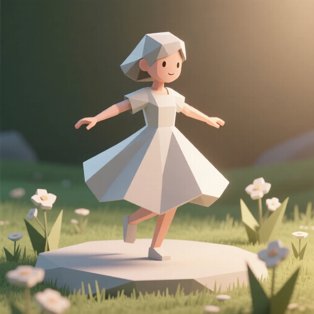 A young girl twirling in a flowing dress, in a quiet, sunlit meadow. soft backlighting creates a warm, glowing silhouette. The scene radiates pure joy.