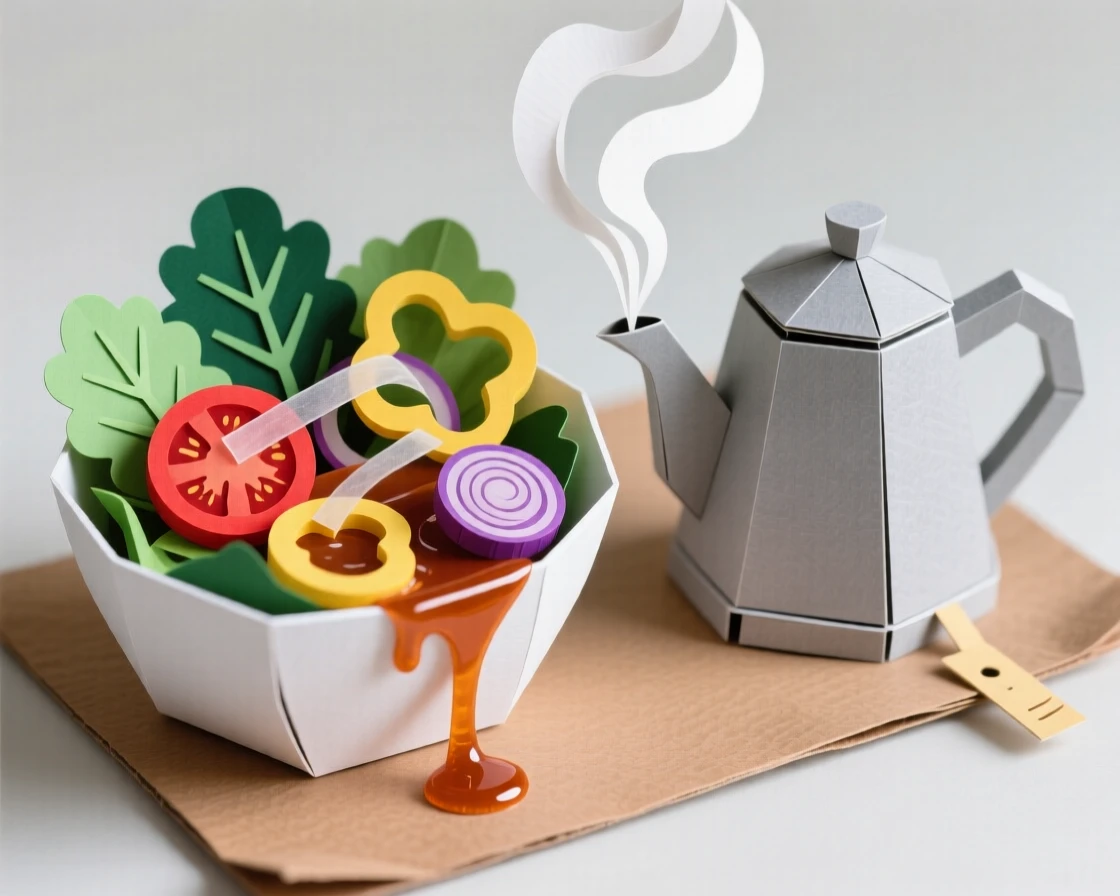 A vibrant bowl of fresh salad set beside a steaming kettle, with a drizzle of glossy sauce finishing the dish, capturing indulgence and warmth.