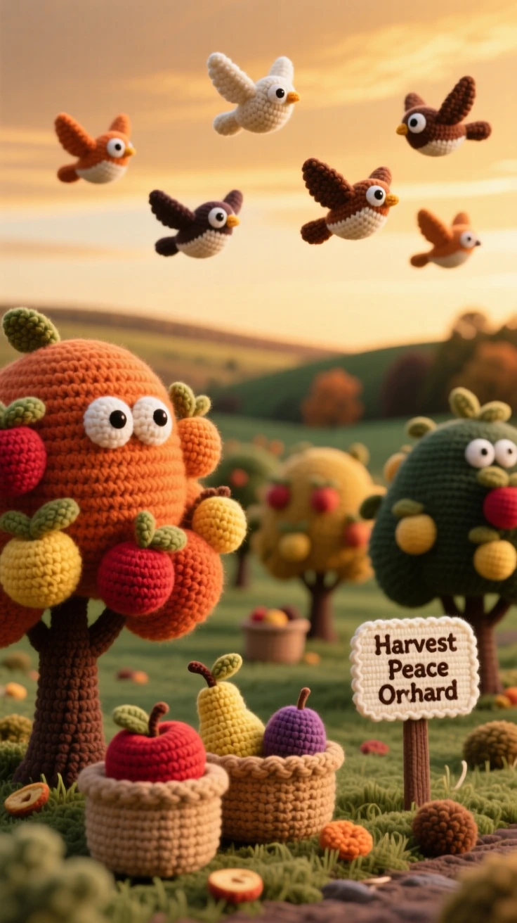 A tranquil view of a quiet countryside orchard at harvest time, with baskets of fallen fruit, stretching beneath a warm autumn sky, at the edge of a quiet, untouched wilderness, with a small flock of birds passing overhead, evoking calm, restorative stillness.