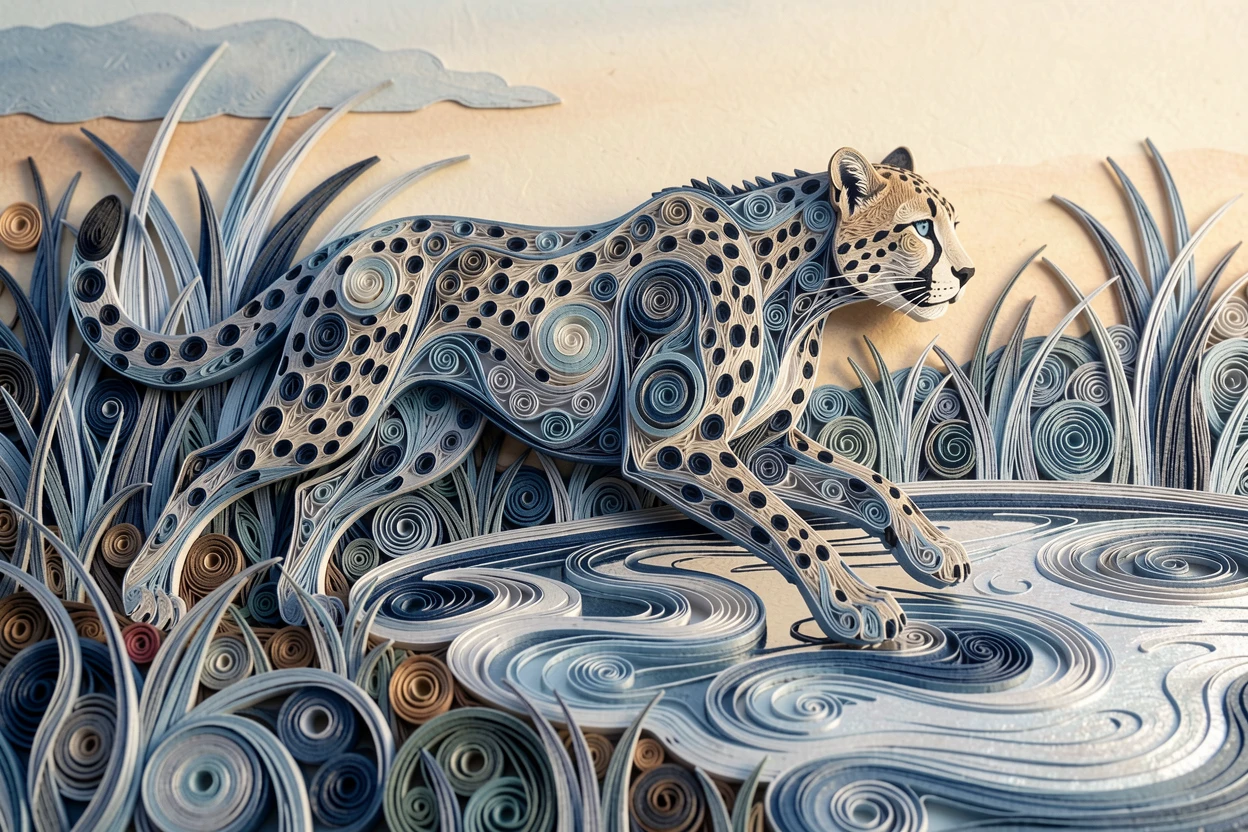 a cheetah mid-sprint chasing across the savanna, beside a still, glassy expanse of water, shot from a low, powerful ground-level angle, in cool blues and silvers of early dawn.
