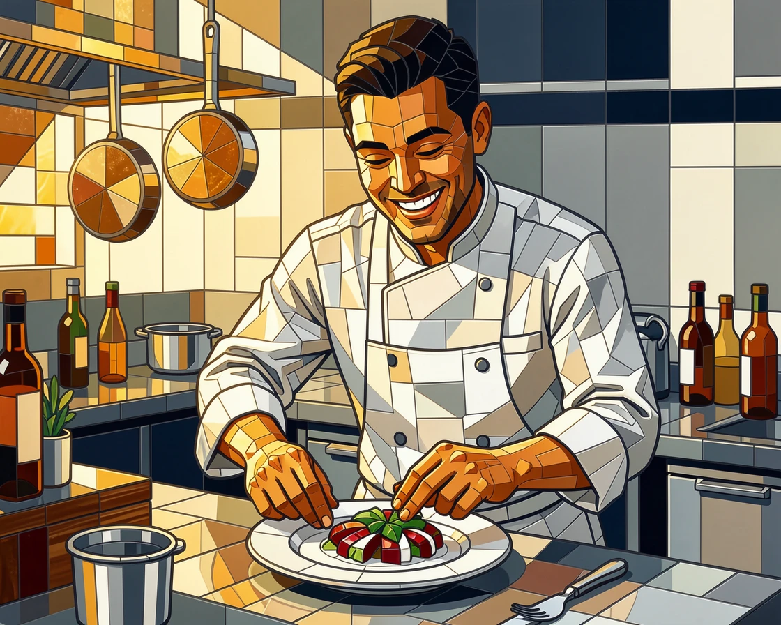 A candid, joyful moment of a chef plating an elegant dish in a bustling professional kitchen, captured with warm golden light.