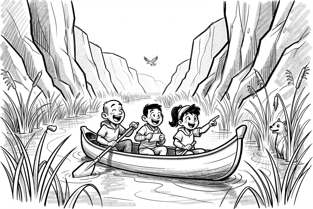 A group of friends canoeing through a quiet marsh through a canyon carved by a river.