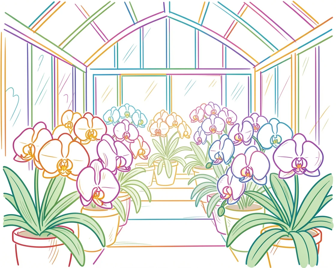 A quiet greenhouse filled with rows of blooming orchids.