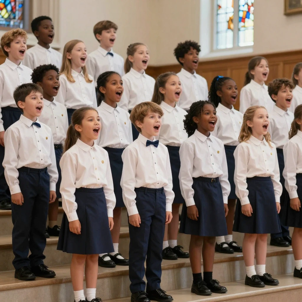 A children's choir singing in matching uniforms
