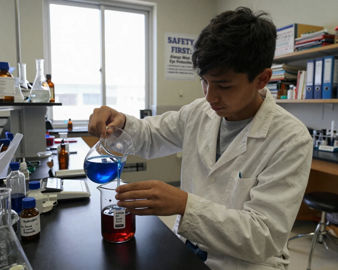 A chemistry student carefully measures a colored liquid into a beaker.