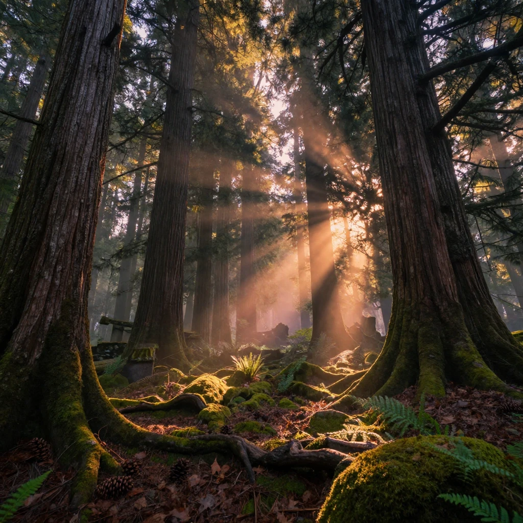 A sprawling ancient forest blanketed in the last light of dusk