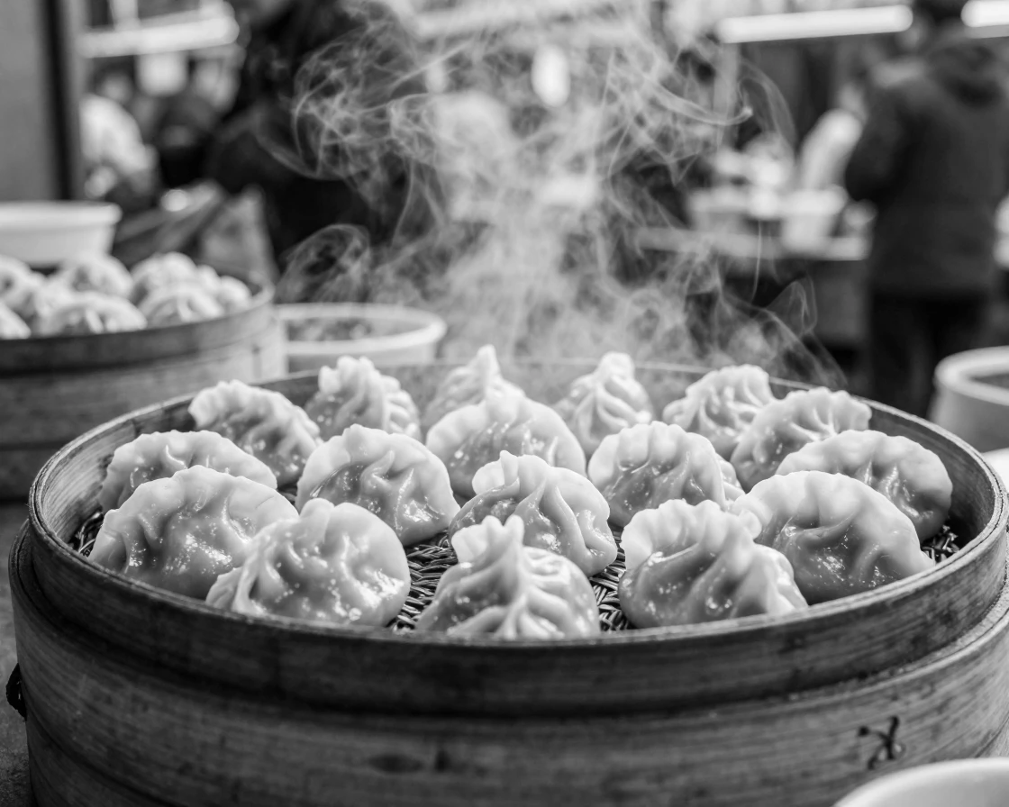 A plate of dumplings steams on a bamboo tray at a bustling street food stall.