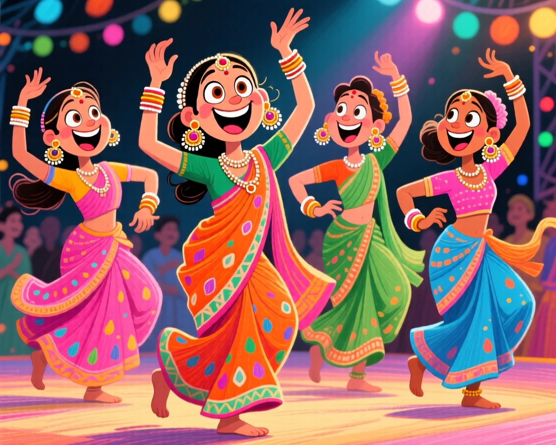 A group of dancers performing a traditional Bollywood number in vibrant sarees.