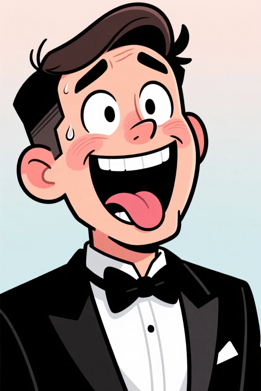 A funny expressive moment showing a nervous groom laughing uncontrollably at their own joke, with wide eyes and an open-mouthed grin.