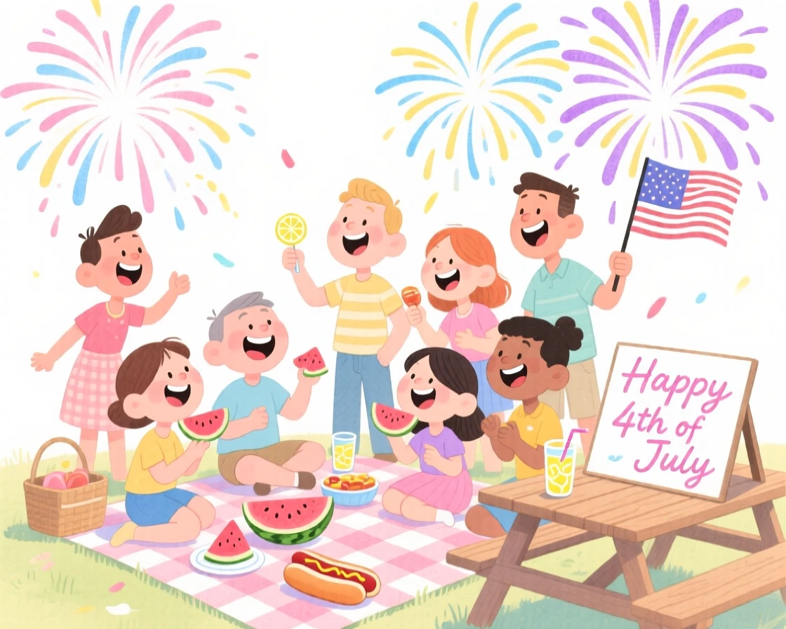 A joyful celebration scene of a summer 4th of July picnic with fireworks lighting the sky, bursting with color and joy