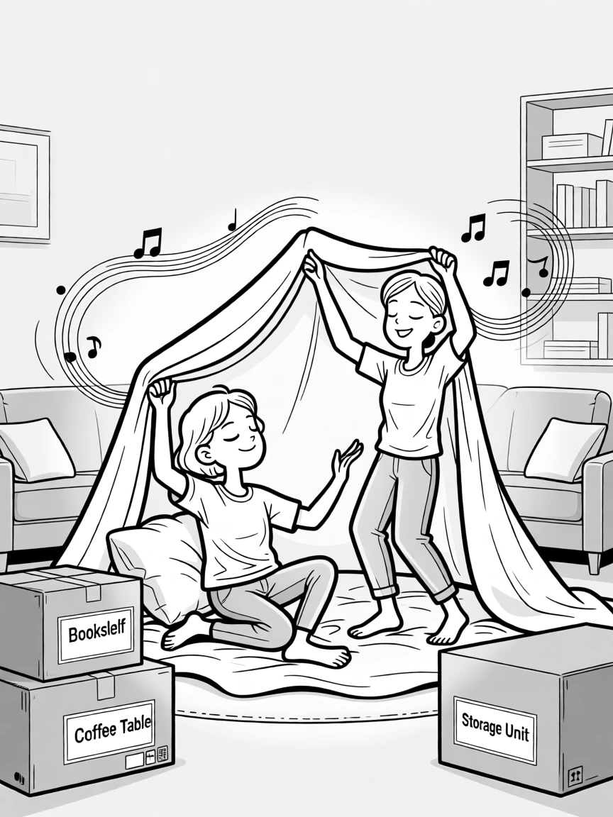 Two people building a blanket fort together, swaying gently to music only they can hear, set in a living room surrounded by flat-pack furniture boxes. Couch cushions form a lopsided, collapsing archway. The image glows with easy, unforced affection.