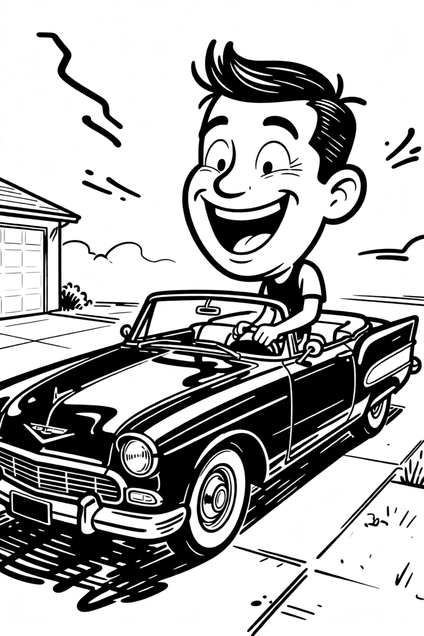 A classic car enthusiast polishing a gleaming vintage convertible in a sunny driveway.
