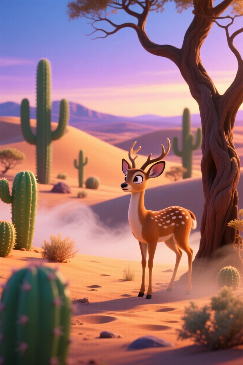 A desert dotted with cacti glows while a soft mist rolls gently across the ground, with a single deer pausing at the tree line. The atmosphere feels fresh, alive, and untouched.