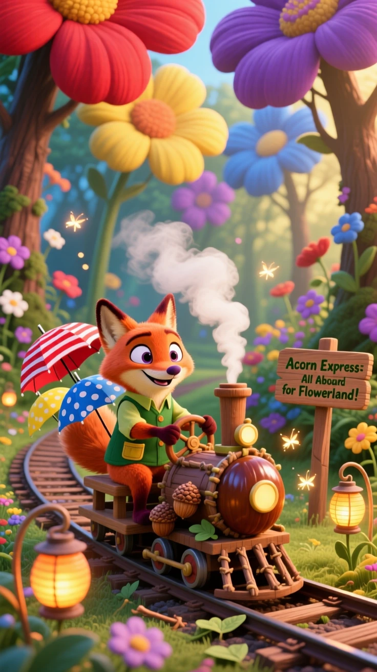 In a garden where flowers grow taller than trees, a fox who collects tiny umbrellas spends the day operating a tiny train that runs on acorns, while little lanterns bob gently in the wind.