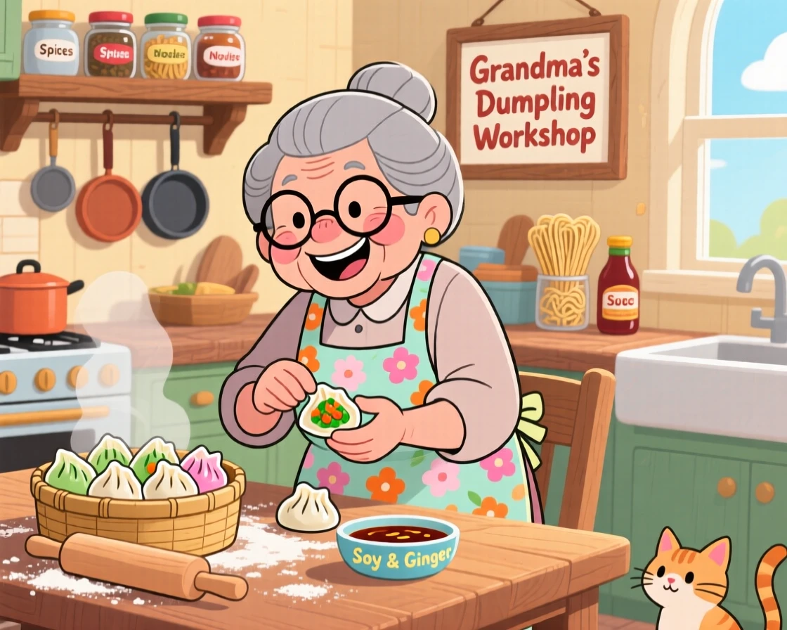 A grandmother folding delicate dumplings at a family kitchen table.