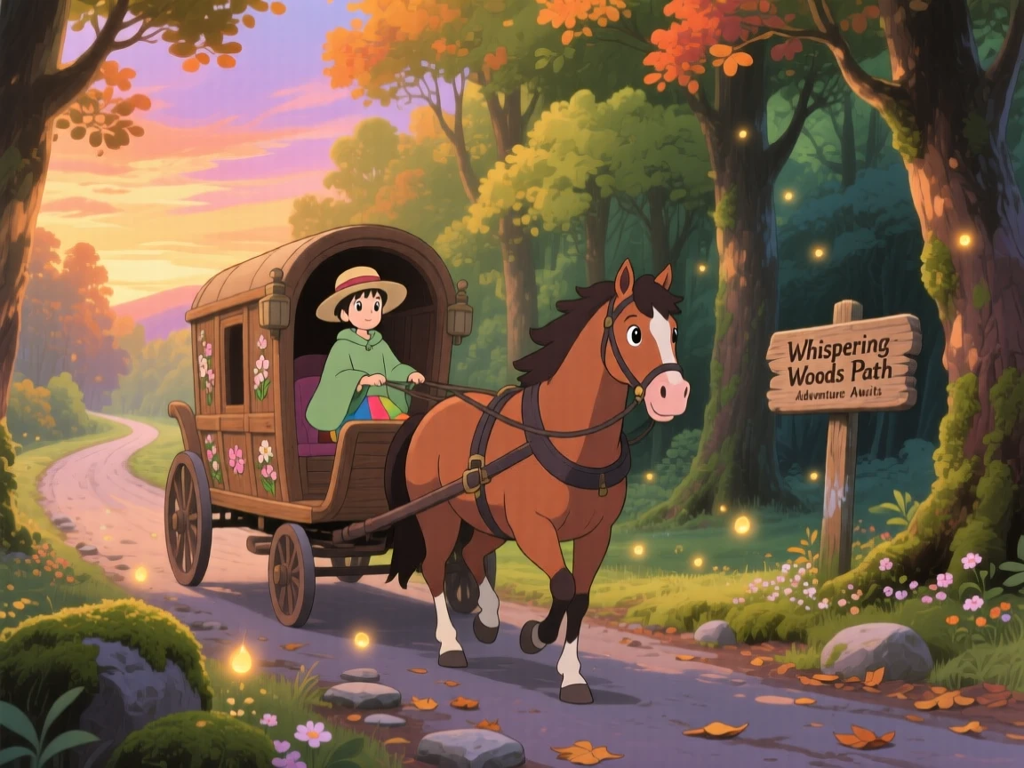 A charming scene of a horse-drawn carriage traveling along a forest road, under a sky painted with warm colors.