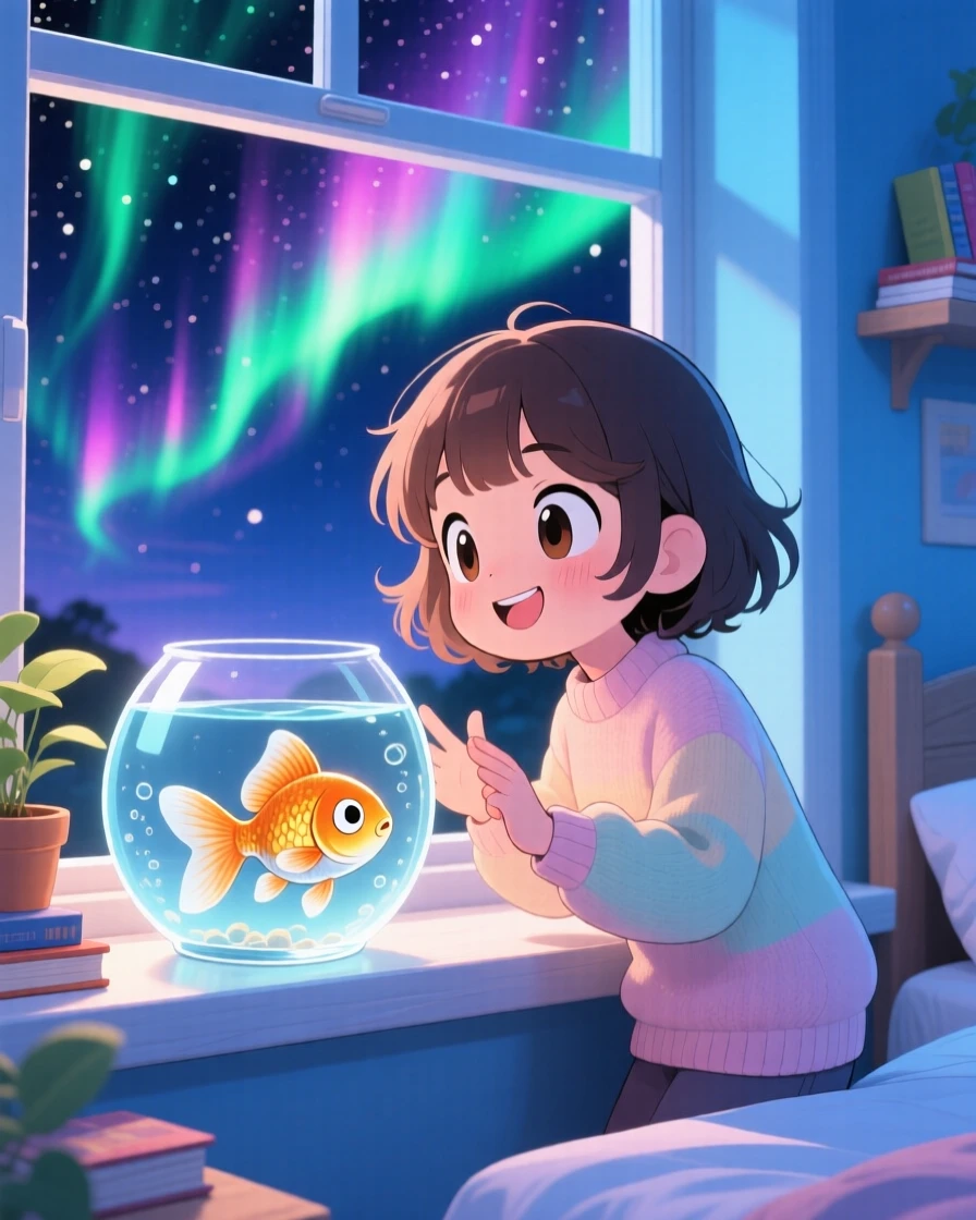 A girl and her goldfish greeting each other at the fishbowl, framed as a waist-up portrait within a sunny bedroom windowsill, beneath swirling aurora-lit skies, glowing under cool blue twilight glow, evoking brave confidence.