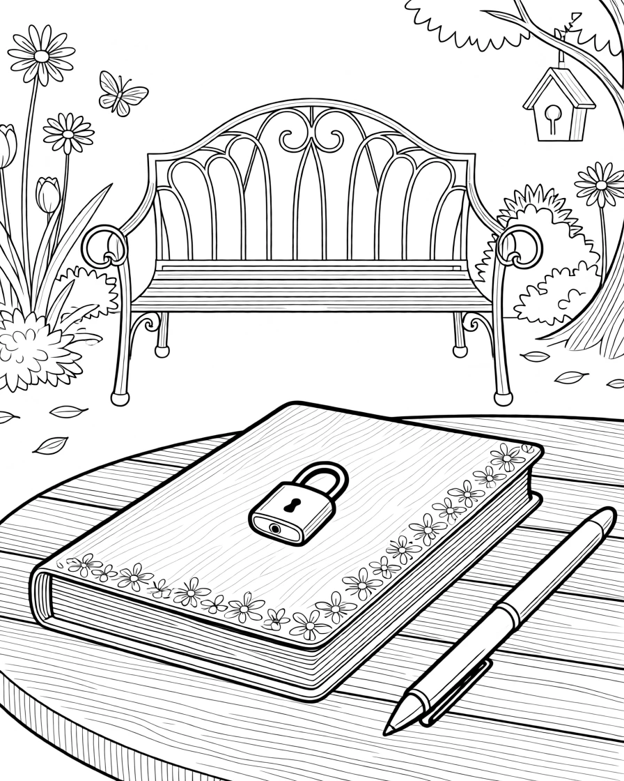 A diary with a small lock resting beside a pen, with a garden bench softly visible in the background.
