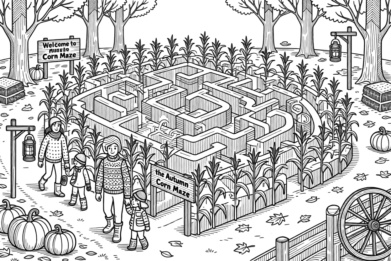 A cozy autumn corn maze scene with families wandering the paths.