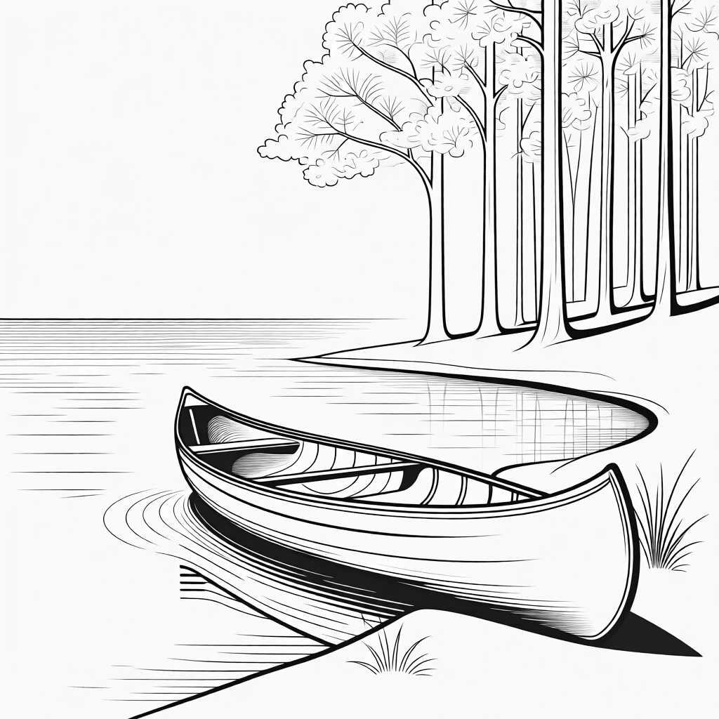 A canoe resting on the shore of a still forest lake