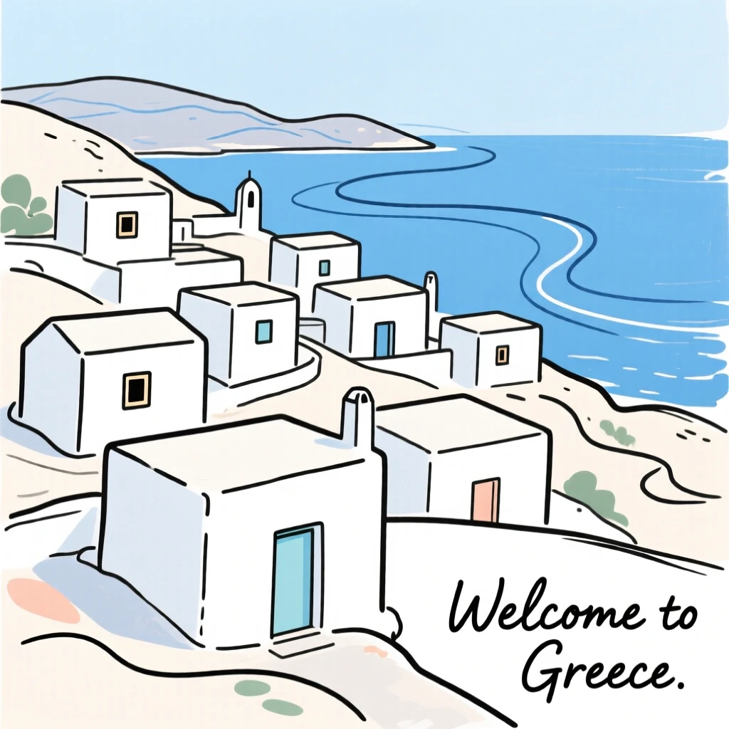 A traditional Greek village with white buildings overlooking a blue sea.