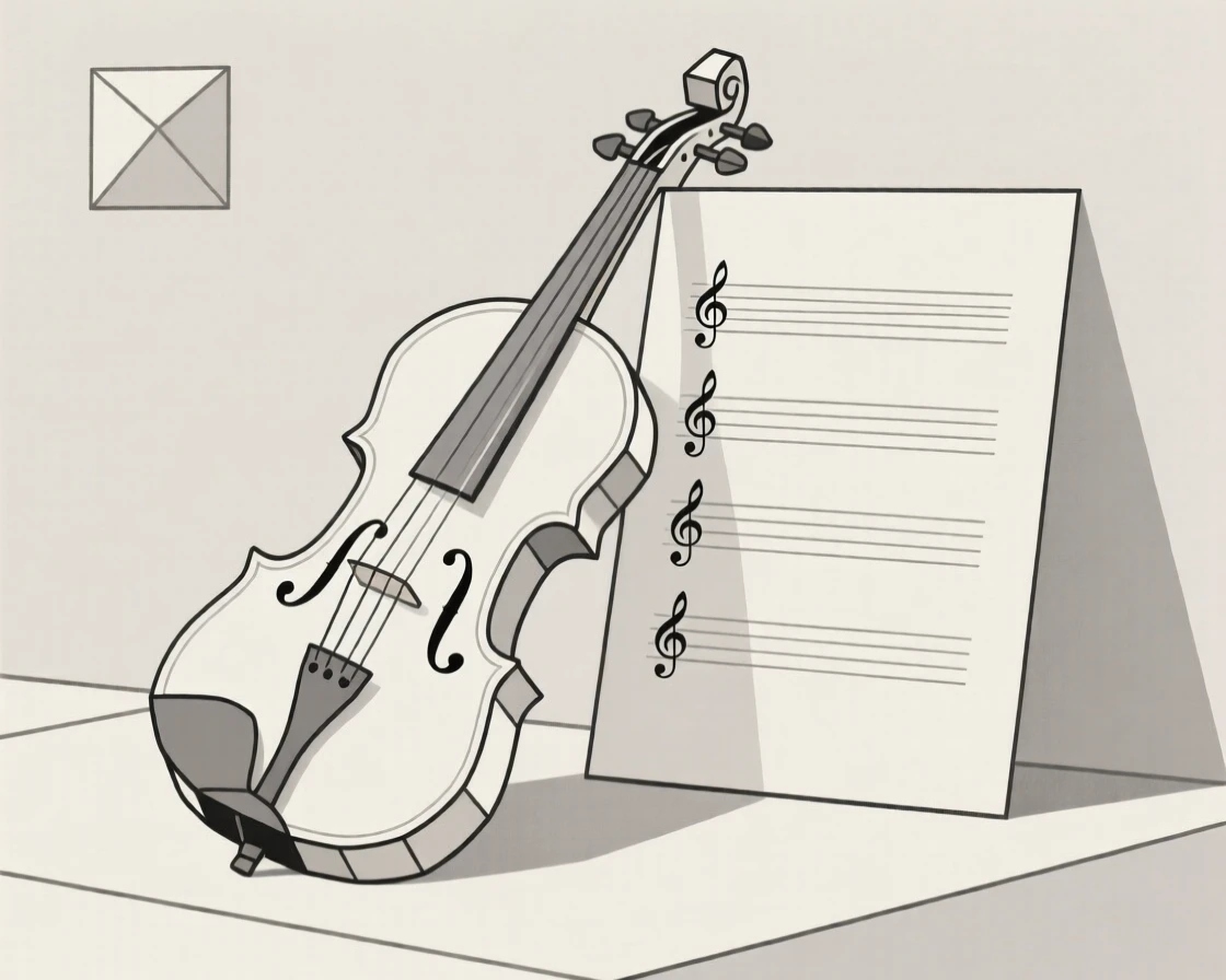 A still life of a violin resting beside sheet music