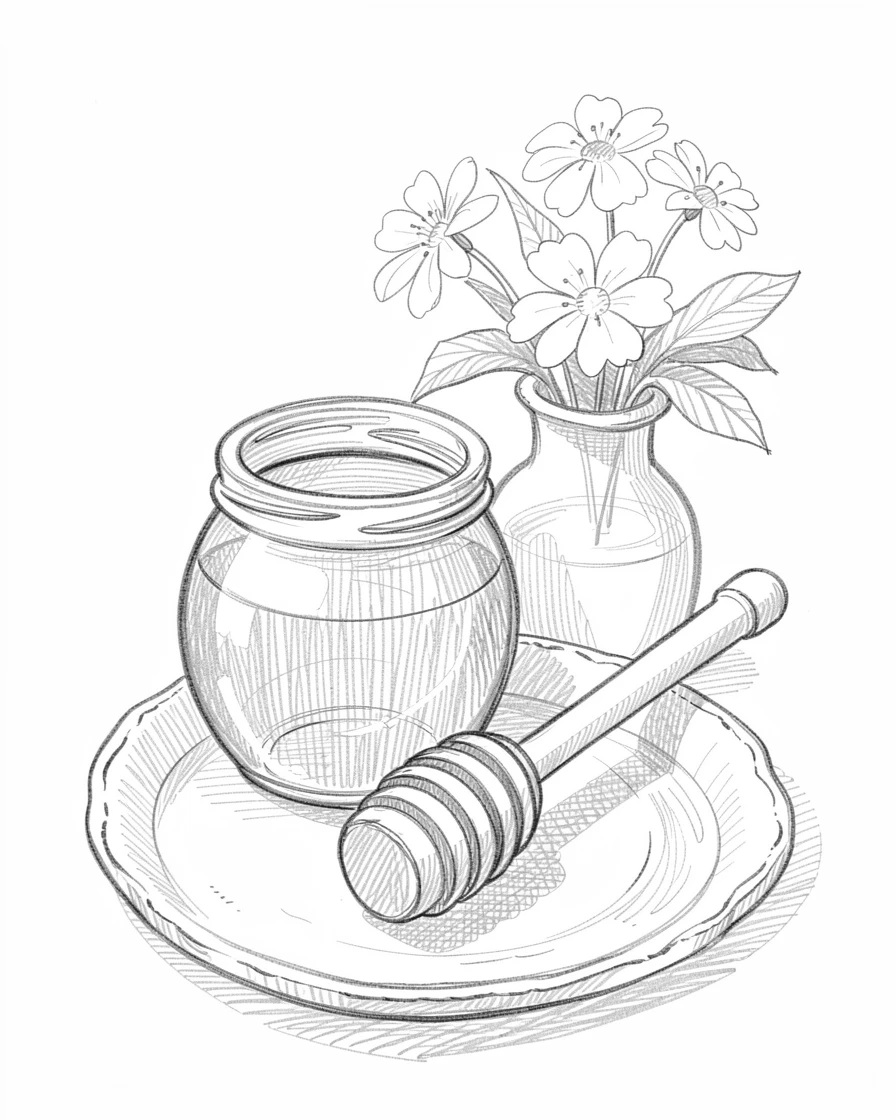 A cozy food scene featuring a jar of honey with a wooden dipper beside fresh flowers in a vase, with a rustic ceramic plate beneath it.