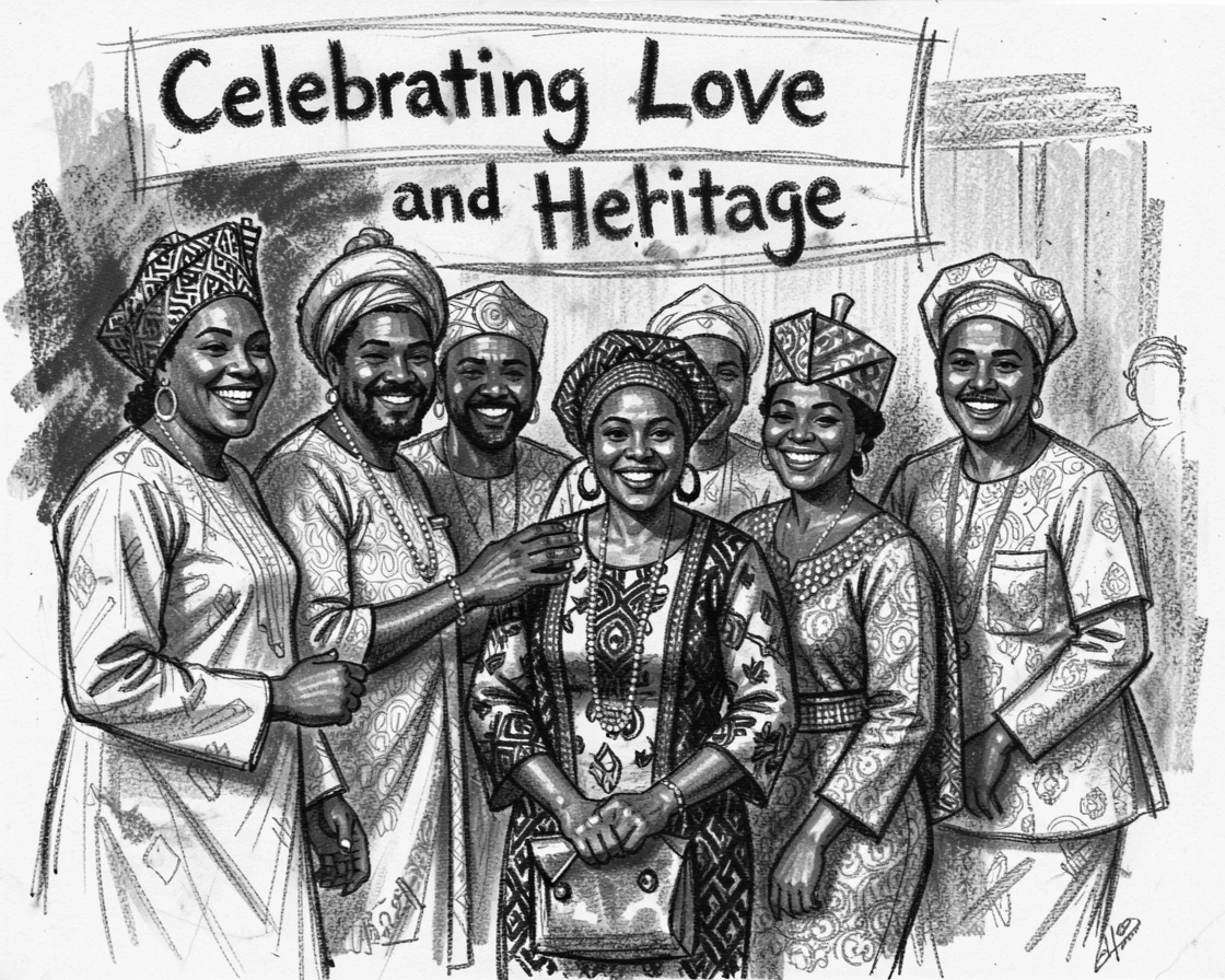 A Nigerian traditional wedding with vibrant aso-ebi attire, with everyone smiling and full of warmth.