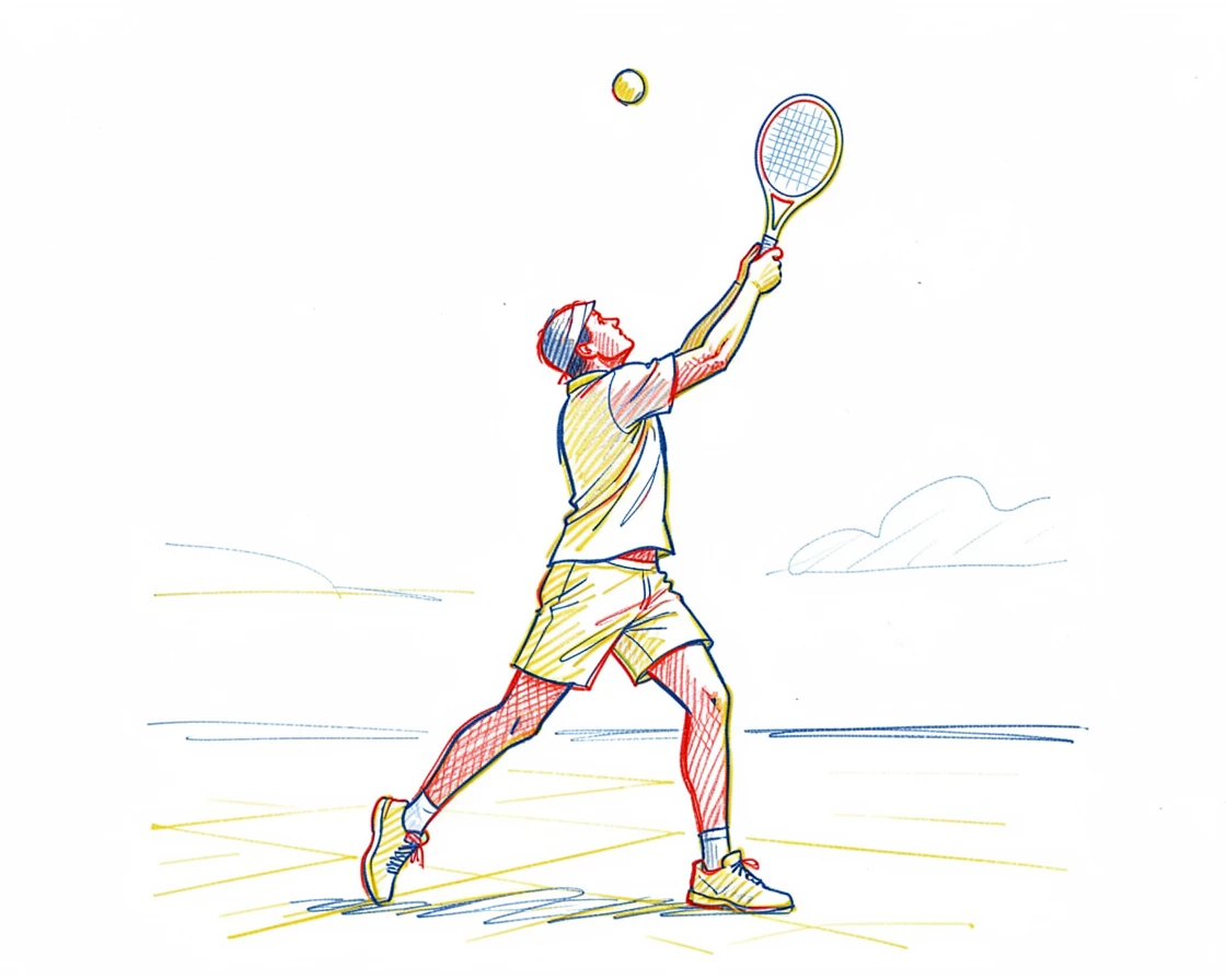 A tennis player mid-serve, ball tossed high against a clear sky