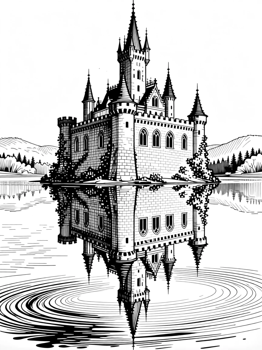 A castle rising from a still lake, its towers reflected perfectly in the water.