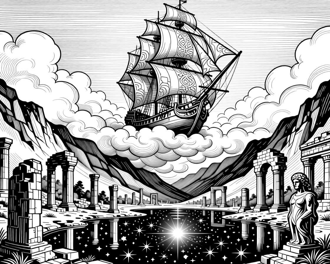 A ship sailing through a sea of clouds in a valley scattered with ancient ruins, with reflections of starlight scattered across water, forming a full of wonder fantasy scene.