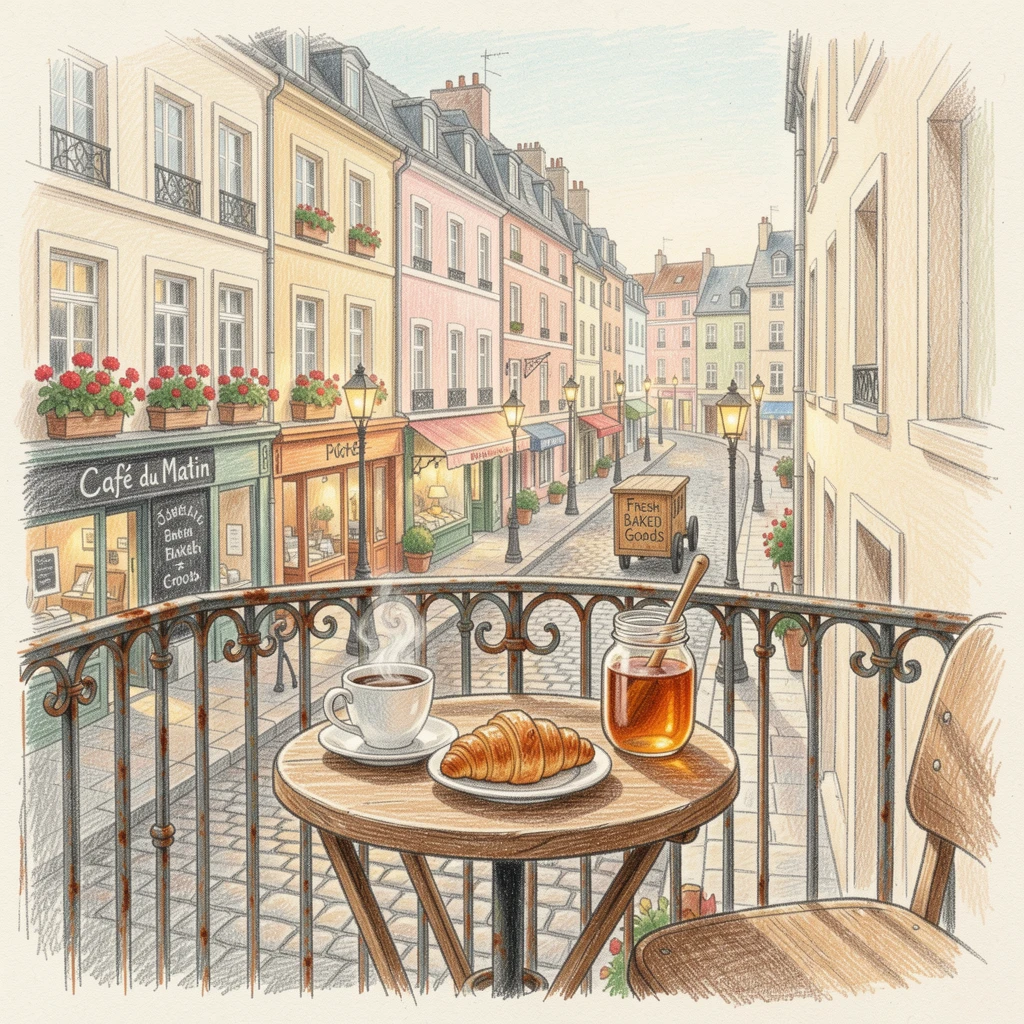 A cozy balcony breakfast overlooking a European city street, with rich, inviting textures throughout the scene, perfect for anyone drawn to gentle, heartfelt imagery.