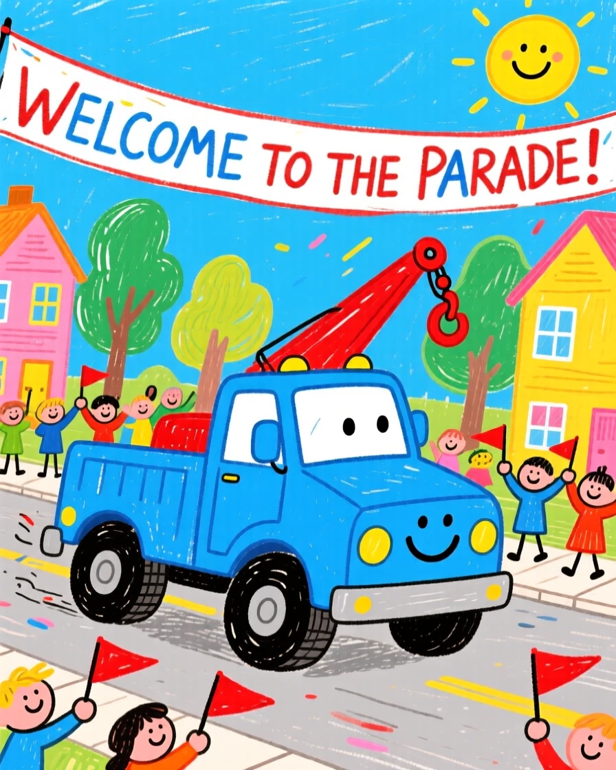 A bright blue tow truck rolling through a small town parade.