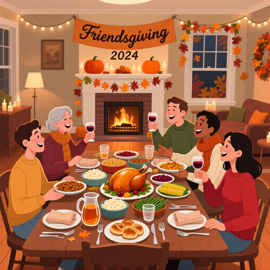 A cozy Friendsgiving gathering with a table full of dishes, set within a cozy home filled with festive cheer, arranged with joyful energy and dynamic movement, with a joyful sense of togetherness and celebration.