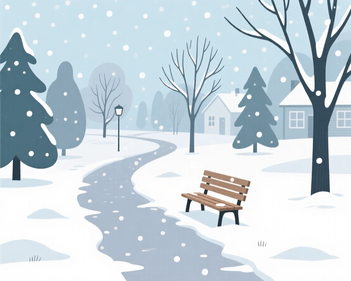 A winter scene of snow gently falling in a quiet suburban park.