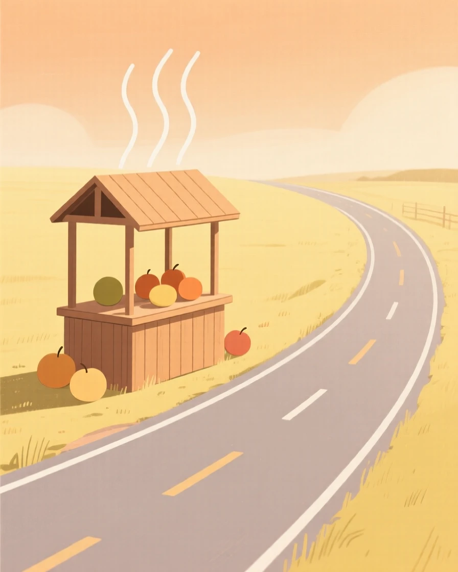 A quiet countryside road, transformed by summer heat haze, with a wooden fruit stand scattered throughout, captures festive warmth.